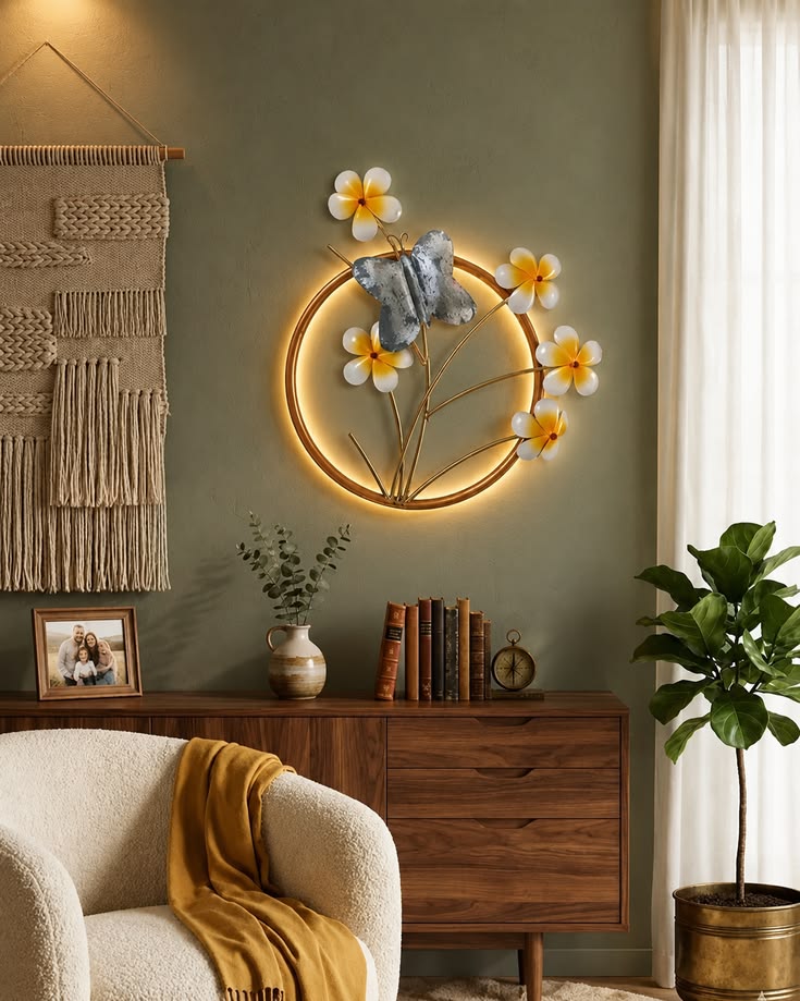 LED Backlit Gold Ring Wall Art – Butterfly & Frangipani Halo Decor