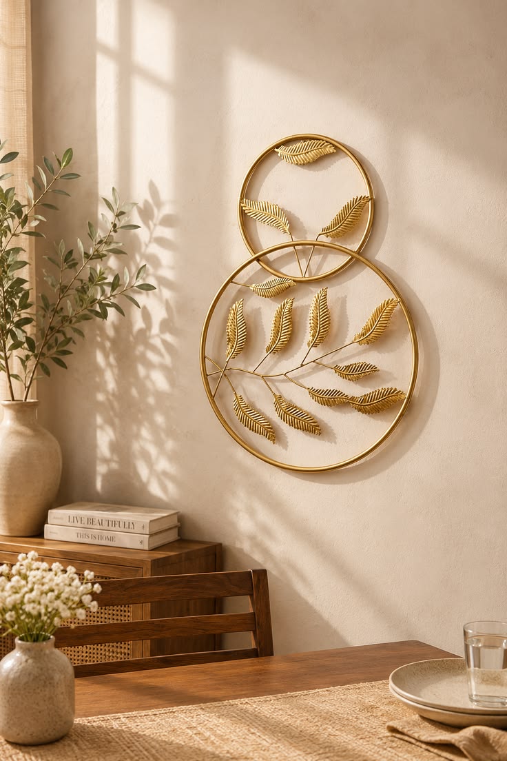 Double Ring Golden Fern Leaf Metal Wall Frame – Nature-Inspired Iron Decor