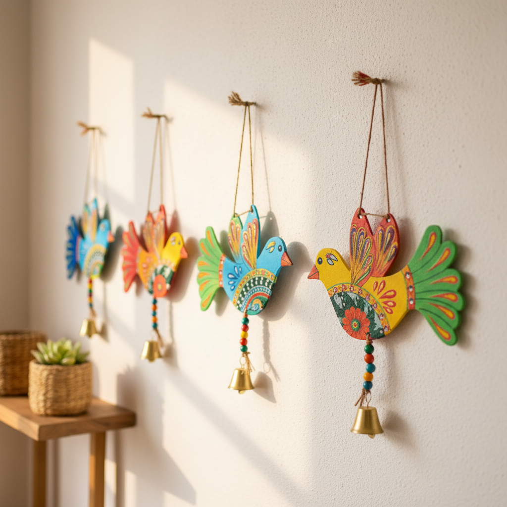Handmade Colorful Bird Wall Hanging with Brass Bells